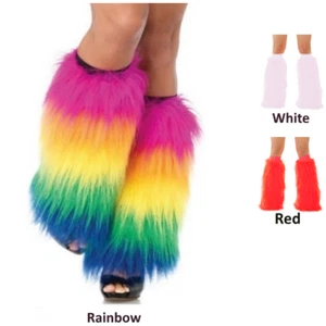 Neon Furry Leg Warmers Fluffy Fur Toppers Rave Wear Red White Black Pink Rainbow - Picture 1 of 2