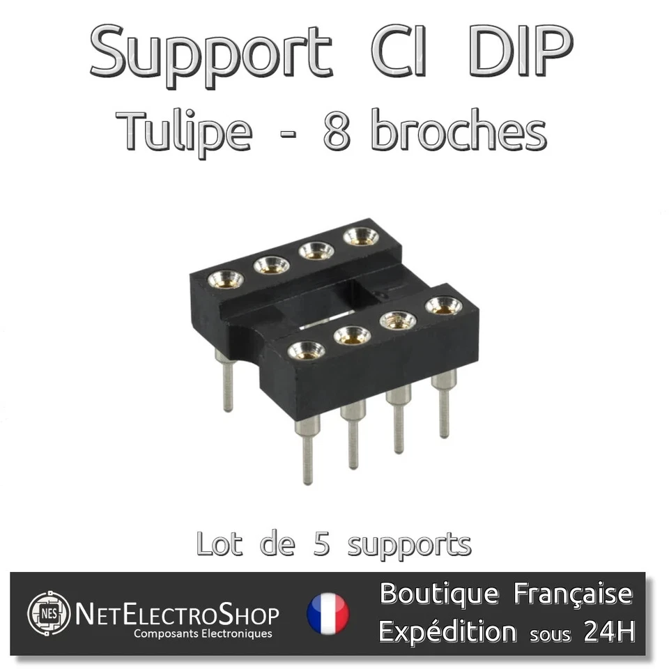 Support CI DIP - Tulipe - contacts or - 8 broches - Lot de 5 supports - Photo 1/1