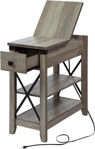Narrow End Table with Charging Station Farmhouse Slim Side Table with USB Ports - Picture 1 of 7
