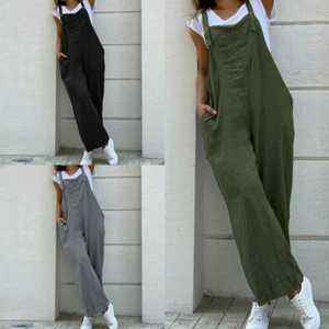 Womens Cotton Dungarees Jumpsuit Ladies Casual Loose Overalls Playsuits Trousers - Picture 1 of 13