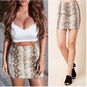Taupe Nude Snake Animal Print Faux Leather High Waist Mini Skirt Womens - Picture 1 of 3