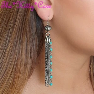Pendientes de borla vintage decorativos de plata turquesa gemas étnicas gitanas - Imagen 1 de 11
