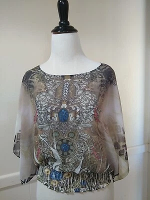 Charlotte Russe Top Batwing Rattlesnake Medallion Sz XS Brown Blue Drape Blouse - Image 1 of 4