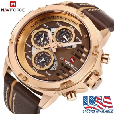 NAVIFORCE Hombre Relojes de Lujo Impermeable Cuero Reloj Deportivo Cuarzo Reloj Pulsera Foto 1 de 4