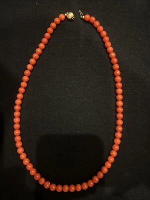 Colar de coral natural vermelho vintage genuíno, fecho de bola de ouro 14k 20” L 38 gramas - Imagem 1 de 2