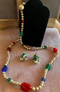 VTG 60's Italian red blue green VENETIAN Glass Bead faux pearl Necklace earrings - Picture 1 of 9