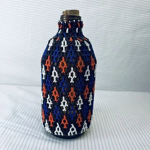 Vintage African Beaded Glass Bottle Flask Tribal Art Artifact Cork Stopper 6.5” - Picture 1 of 19