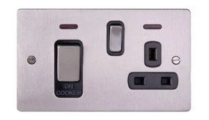 45A Cooker Switch With Switched 13A Socket Stainless Steel Black Inserts - Picture 1 of 3