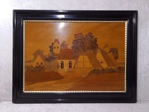 Antico XL Legno Intarsio Immagine Villaggio - Vintage Um 1900 - Handmade - - Imagen 1 de 6