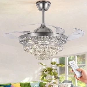 42" Chrome Invisible Ceiling Fan 3-Color Light Crystal Chandelier Remote 3 Speed - Picture 1 of 13
