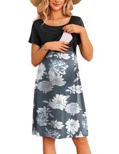 Women's Nursing Dress Summer Short Sleeve Patchwork Maternity Breastfeeding-LARG - Picture 1 of 5