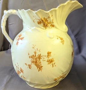 Antique Yellow & Brown Floral RIDGWAYS England Royal Semi Porcelain PITCHER 11" - Picture 1 of 14