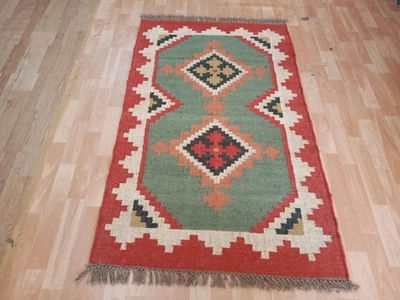 Natural Woven  Kilim Wool Jute Rustic Boho Handmade Bohemian Farmhouse Decor - Image 1 of 4