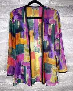 Rainbow Multi Watercolor Artsy Abstract Open Drape Silk Cardigan Chicos Size 0 S - Picture 1 of 20