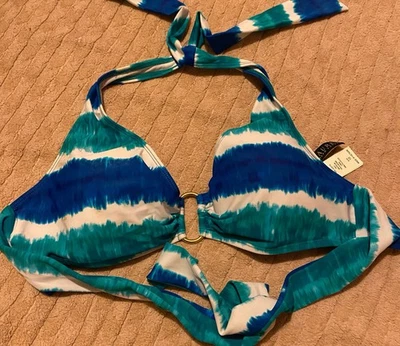 VTG Lauren Ralph Lauren Blue/Green Striped Tie Dye Halter Bikini Swim Top Sz 10 - Image 1 of 4