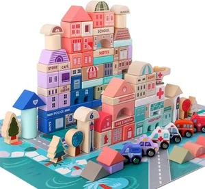 UPAUS Wooden Building Blocks Set, 115PCS City Construction Stacker Stacking, ... - Picture 1 of 7