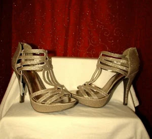 NEU FRECH GRÖSSE 6,5 GOLD GLITZER REISSVERSCHLUSS HINTEN PLATEAU STILETTO 4,75" OFFENE SPITZE ABSATZS - Bild 1 von 12