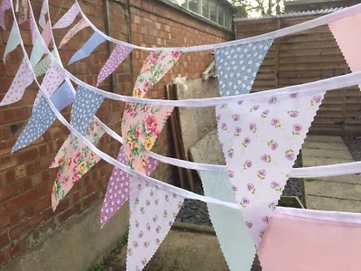 Fabric  bunting.Vintage floral,shabby chic,white,rainbow.10/ 120FT.Weddings. - Image 1 of 4