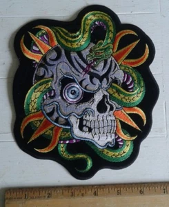 Snake Skull Patch Motorcycle Biker Vest Jacket Tattoo Art 8" x 6" Iron On - Picture 1 of 2