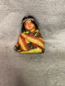 VTG SKOOKUM DOLL NATIVE AMERICAN CHILD WRAPPED IN BLANKET 4" TALL COMPOSITION - Picture 1 of 4