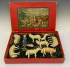 Antique German Boxed Painted Putz Sheep with Shepherd and Dog