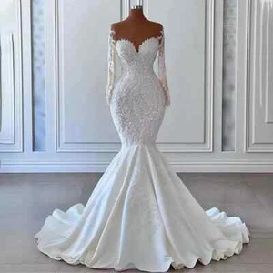 Elegante Elfenbein Meerjungfrau Hochzeitskleider Applikation Tüll Langarm Brautkleider - Bild 1 von 6