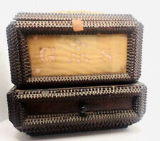 American Folk Tramp Art Carved Cigar Box Sewing Casket Embellished Primitive