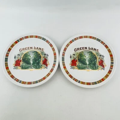 Pottery Barn Green Lane Fireside Club 2 Salad Plate Lot Cigar Box Stripe Trim - Image 1 of 4