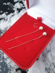 Solid rose gold 585 /14k threader chain pearl earrings NWT Lovely - Picture 1 of 3