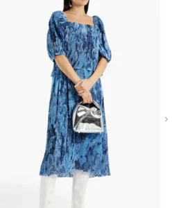 Ganni Blue Pleated Midi Dress NEW Georgette Womens Size 36 AU 8 US 4 Placid BNWT - Picture 1 of 16