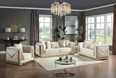 NEW 3PC Cream Beige Gold Sofa Loveseat Chair Velvet Luxe Contemporary Living Set - Image 1 of 4