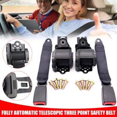 2Set Retractable 3 Point Safety Seat Belt Straps Car Vehicle Adjustable Belt Set - Image 1 of 4