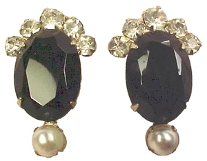 Black & Silver Rhinestone Earrings Simulated Pearls Clip On Retro - Picture 1 of 3