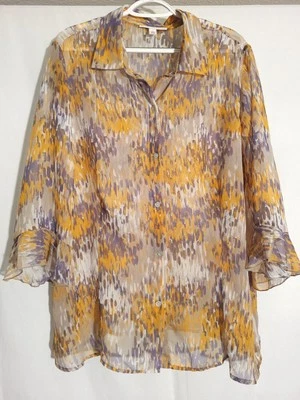 JM Collection-Yellow Purple Tan White Semi-Sheer 3/4 Ruffle Sleeve Button Top-2X - Image 1 of 4