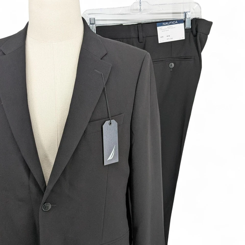 Nautica Men's Modern Fit 2 Piece Suit Jacket 42 R Pants 36x32 Black Stretch