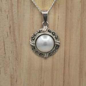 Vintage Sterling Silver Pendant w/ Faux Pearl & Black Diamonds – Tested – 925 - Picture 1 of 9