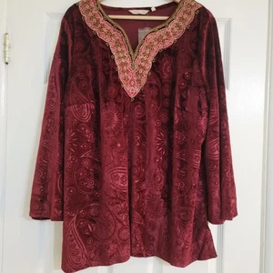 Túnica con cuentas bermellón terciopelo floral vino tinto envolvente suave XL nueva sin etiquetas - Imagen 1 de 15