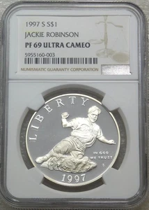 1997 S Jackie Robinson Silver Dollar NGC PF69 Ultra Cameo New Holder #D182 - Picture 1 of 2
