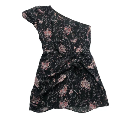 LoveShackFancy Dress Small Black Pink Silk One Shoulder Ruched Bow Asymmetric - Image 1 of 4