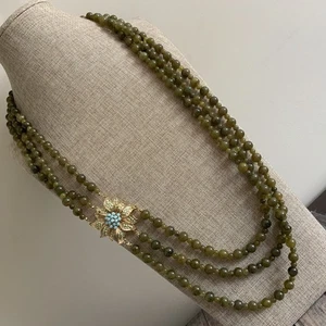Lydell NYC Triple Strand olive green plastic Bead Necklace Gold mint Flower - Picture 1 of 7