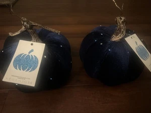 Two Fall Pumpkins Navy Blue Felt 8” Pair Swarovski Crystals By Argentoss - Picture 1 of 3