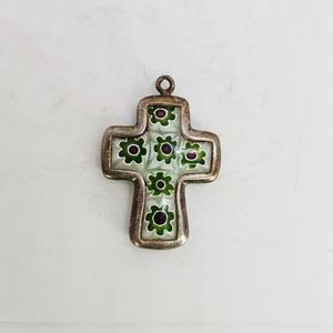 Vtg Sterling Silver Millefiori Venetian Glass Mosaic Green White Cross Pendant - Picture 1 of 7