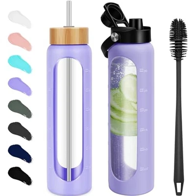 32 oz Glass Water Bottles - 1 Liter Motivational Tumbler Water 32 Ounces Purple - Image 1 of 4