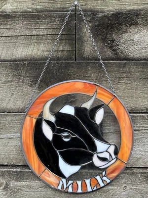 "Vitral hecho a mano negro blanco leche vaca amantes decoración granja de colección 12""" Foto 1 de 4