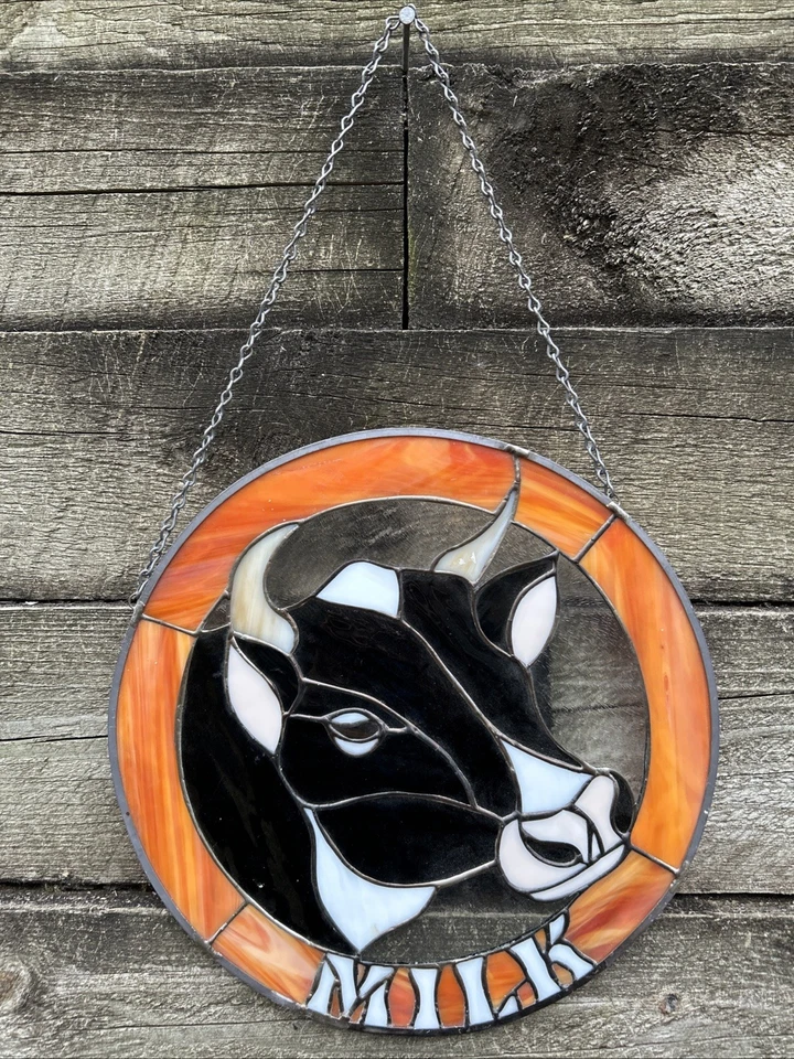 "Vitral hecho a mano negro blanco leche vaca amantes decoración granja de colección 12""" Foto 1 de 4