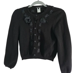 Nanette Lepore Black Covered Button Cropped Cardigan Sweater Silk Ribbon Size S - Picture 1 of 6