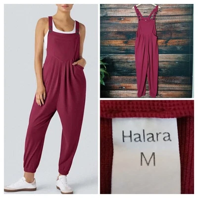 Halara Jogger Overalls Size M Adjustable Straps Micro Waffle Knit Anemone  - Image 1 of 4