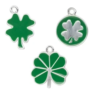 Charm, 6 Silver Plated Pewter Green Enamel 4-Leaf Clover Shamrock Charms - Picture 1 of 1