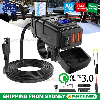 Dual USB Port Motorcycle Fast Charger Socket LED Voltmeter Switch Waterproof AU - image 1 of 4