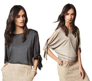 Cold Shoulder Top New Womens Famous Brand Metallic Shiny Party Slit Sleeve Tie - Picture 1 of 13